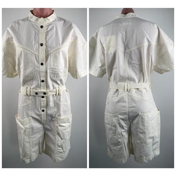 Isabel Marant Etoile Kiara Belted Cotton Poplin Romper Jumpsuit Ecru Sz 4 EU 36 - Picture 2 of 16